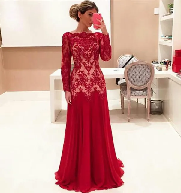Aliexpress.com : Buy Long Sleeve A Line Lace Red Evening Dresses 2017 ...