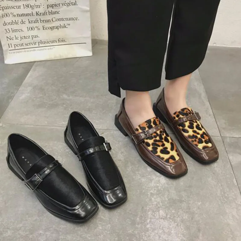 

Women Fashion Dress Loafers Single Shoes,Square Toe Rubber Non-slip Leopard Patchwork Slip-on Doug Shoes Lazy Flats Shoes
