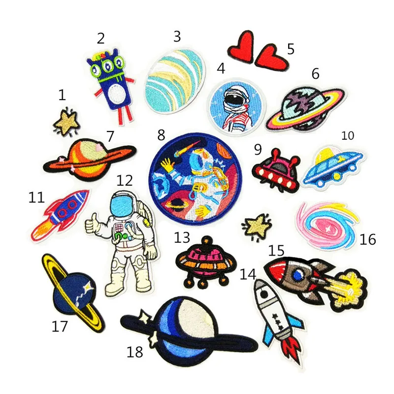 

18Pcs/Set Planet Clothes Patches Embroidered Iron on Patches for Clothing DIY Astronaut Stripes Universe Sewing Space Ship