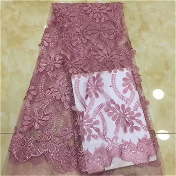 

French Net Lace Fabric 2019 Latest African Guipure Lace Fabric with Embroidery Mesh Tulle Pink Cord Sequins Lace Fabric ALC-WD01