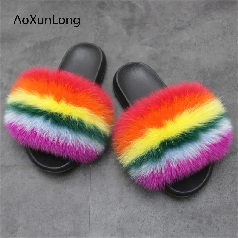 

AoXunLong Fur Slippers Women Real Fox Fur Slippers Furry Flat Sandals Female Cute Fluffy House Shoes Woman Brand Luxury 2019 Hot