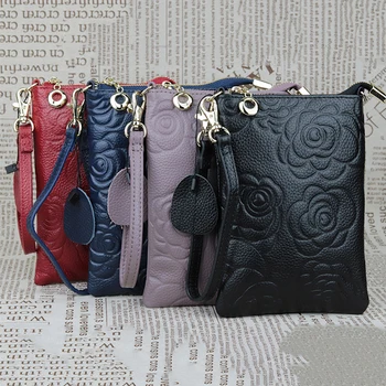 

Luxury Embossing Floral Women Coin Wallet Designer Lady Clutch Fashion Genuine Leather Black/Red/Purple/Blue Female Phone Case