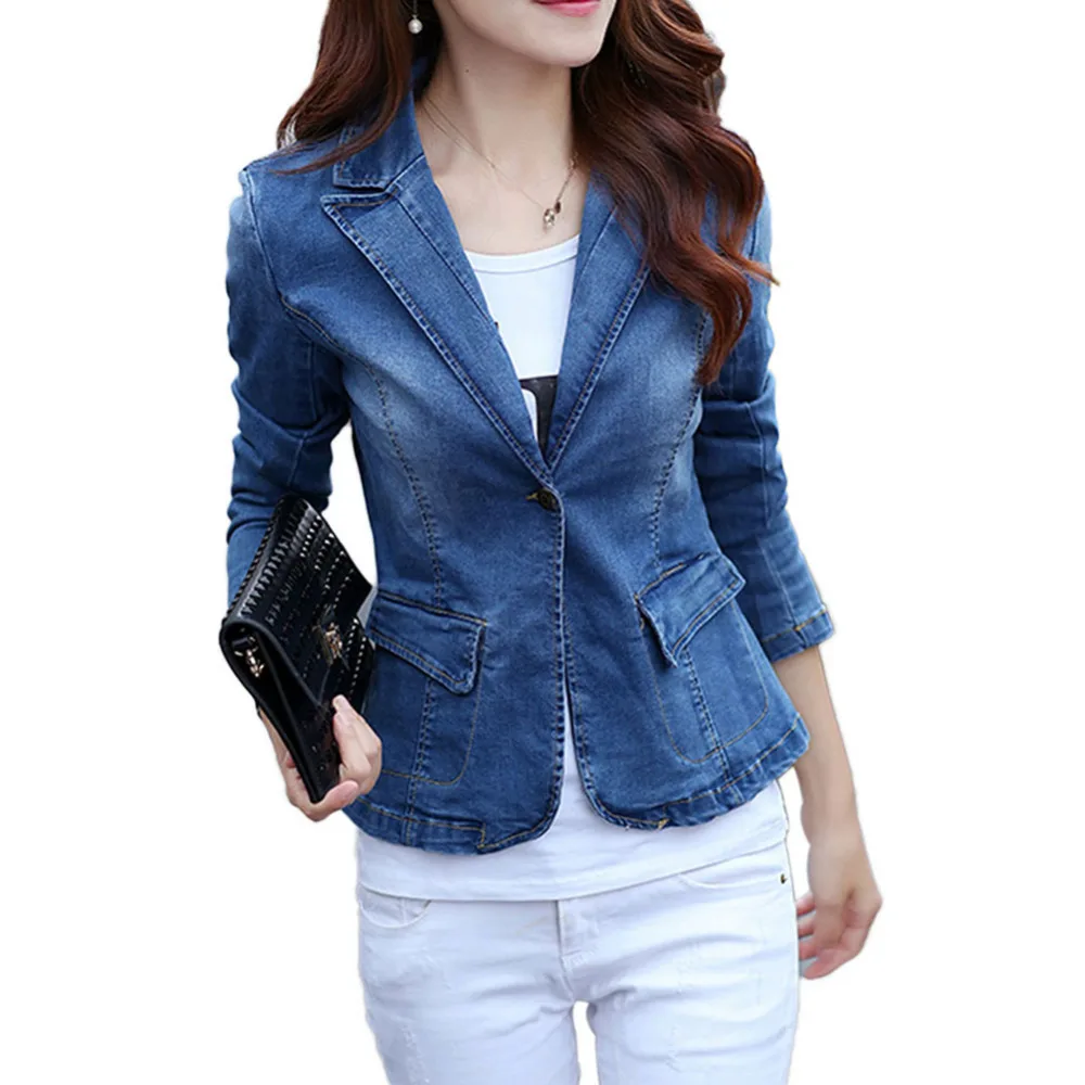 

Office Ladies Button Slim Fit Washed Stretch Work Denim Jean Business Suit Blazer Jacket Coat