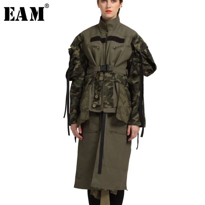 [EAM] весеннее женское зеленое пальто со стоячим воротником и длинным рукавом с регулируемой талией LD665