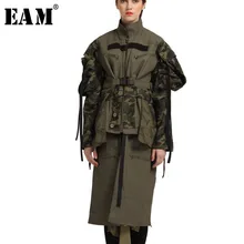 [EAM] весеннее женское зеленое пальто со стоячим воротником и длинным рукавом с регулируемой талией LD665