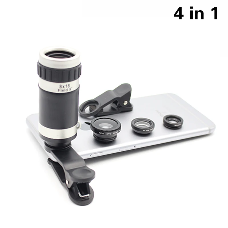 

Universal 4in1 8x Zoom Telephoto Camera Lens Telescope 3in1 Fish Eye Lens Wide Angle Macro Lentes For iPhone 6 6s 7 Plus 5 5s 4s