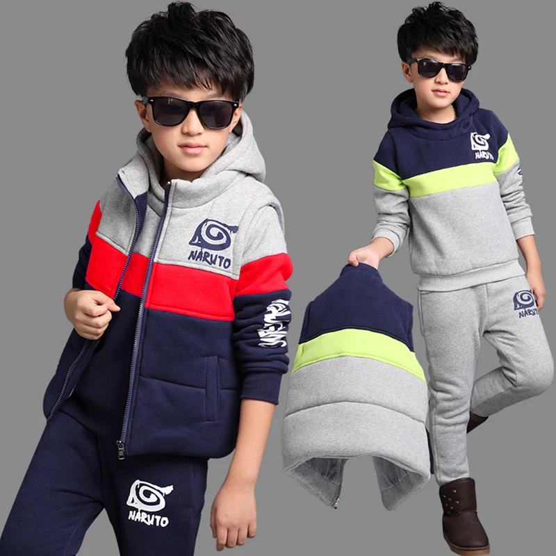 

2019 Boys Winter 3 Pcs Set Children Plus Velvet Thickening Clothing Suit Kids Vest Coat + Hooded Sweatshirt + Pants Clothes A83
