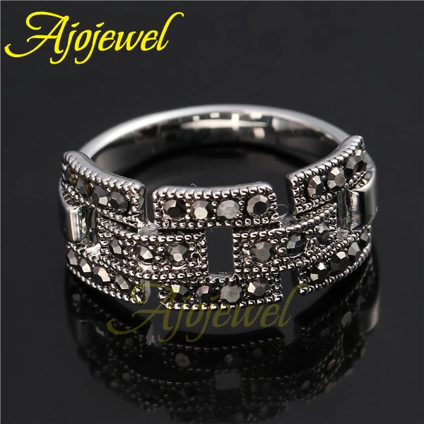 CZ Female Retro Vintage Link Ring Black For Women Size 7,8,9 Finger Ring