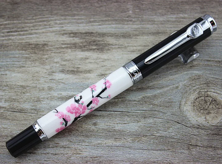 Jinhao 8802 Blue and White Porcelain  Fountain Pen 18kgp Medium Nib Plum Blossom Bird Painting Pen