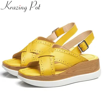 

Krazing Pot vintage cow leather gladiator shoes peep square toe buckle strap wedges platform med bottom party dating sandals L69