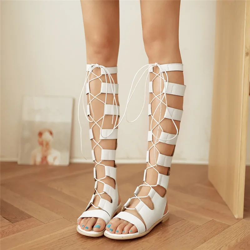 YMECHIC Long Tall Knee High Gladiator Sandals Women Beach Shoes Rome
