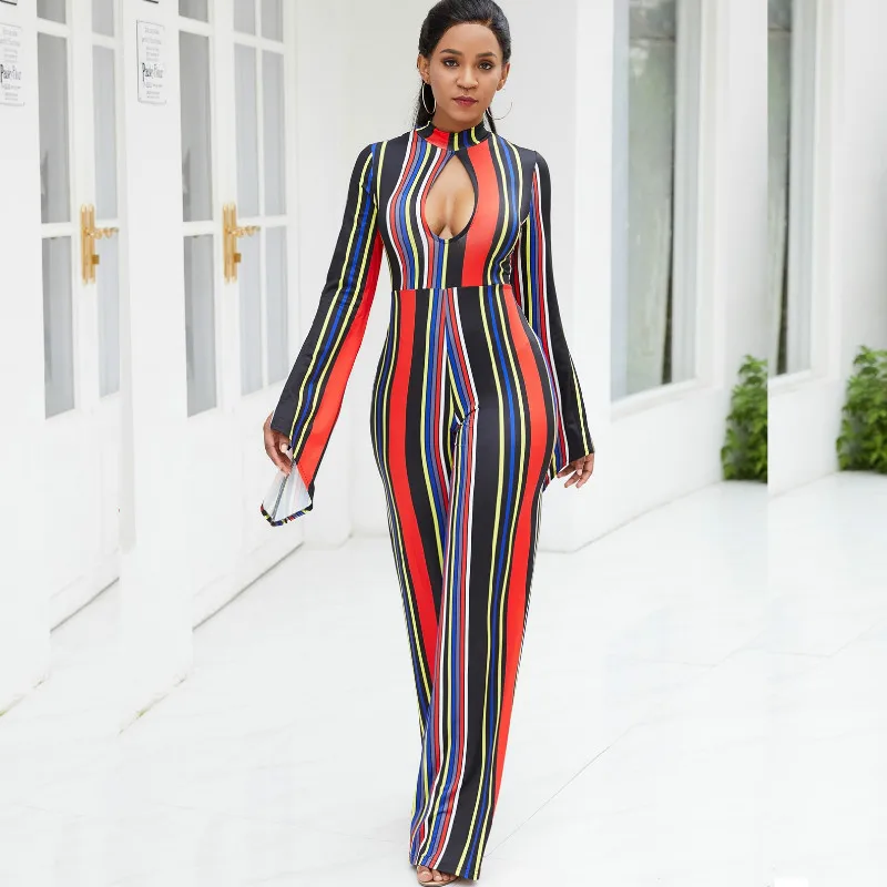 iRicheraf Women Jumpsuit Sexy Striped Casual Long Flare Sleeve Bodysuit Rompers Womens Overalls Costume Fashion Nova Woman