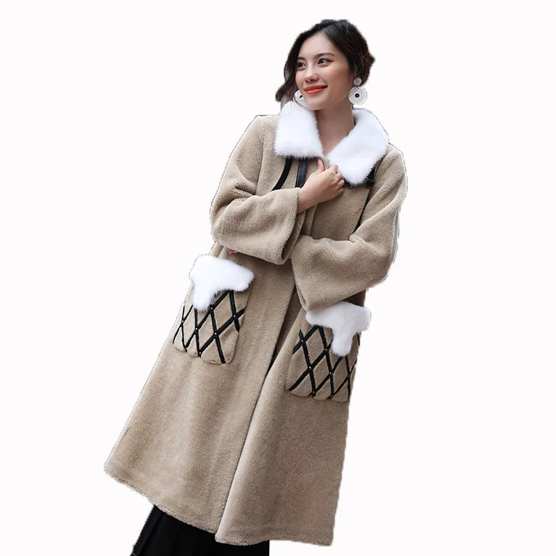 Zt1349 Col Laine Beige De Hiver Femmes 2018 Automne Manteau Veste Mouton Manteaux Coréen Vintage Fourrure Longs Vison Réel Vêtements T7H8qW8F