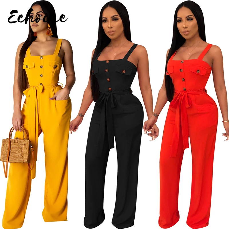 

Echoine Sexy Spaghetti Strap Front Buttons Pockets Long Wide Leg Jumpsuit Women High Waist Straight Sleeveless Jumpsuit Belt