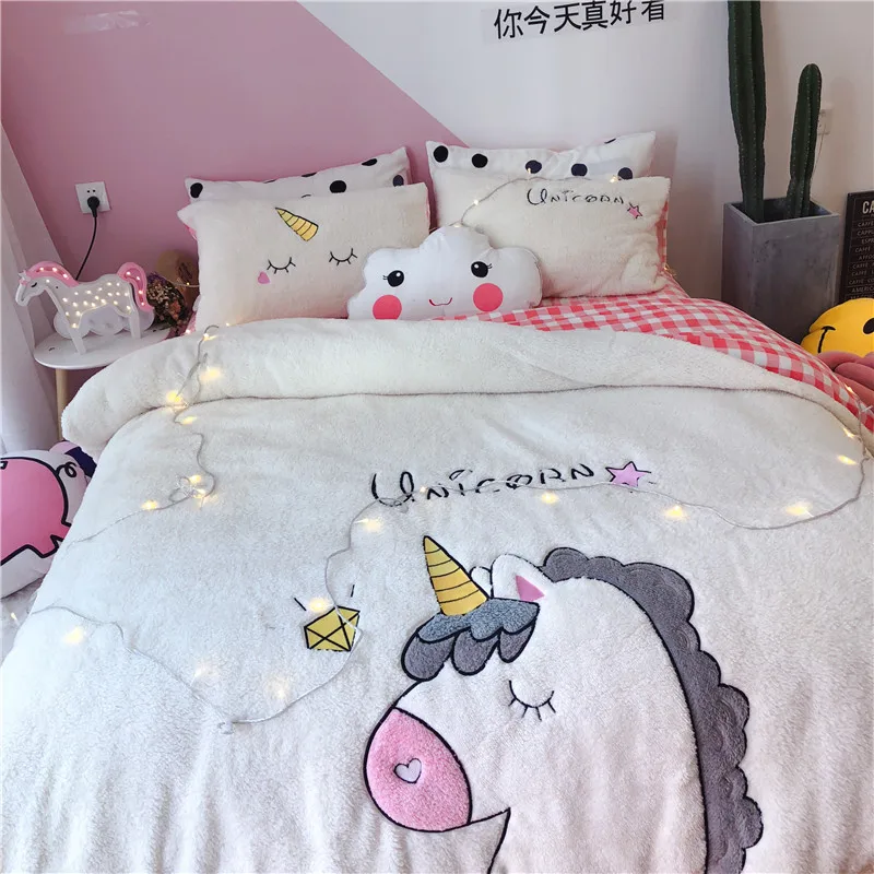 Твин queen King size постельное белье с изображением единорога комплект Флисовая теплая детская простыня пододеяльник parrure de lit juego de cama