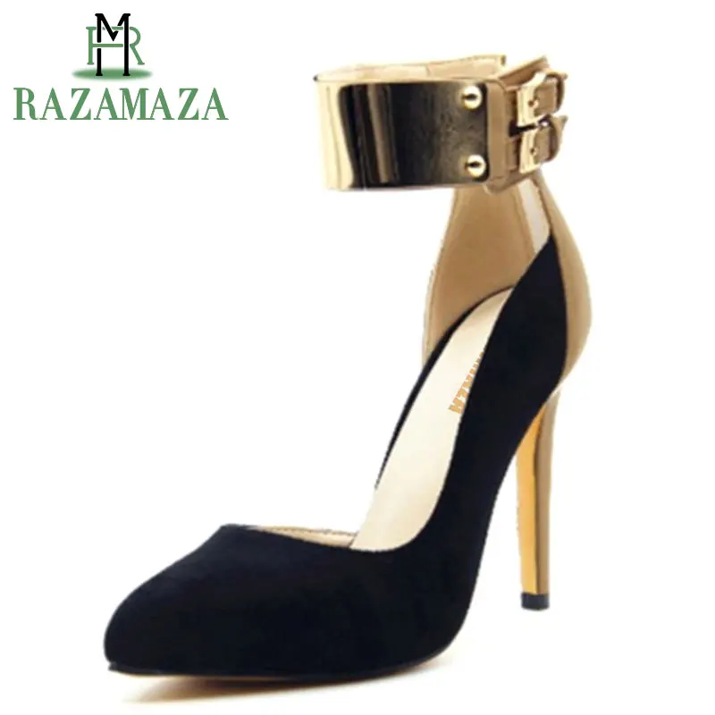 

RAZAMAZA Women Pump 2018 Pointed Toe Zipper High Heels Wedding Shoes Woman Metal Decoration Thin Heel Footwear Women Size 34-43