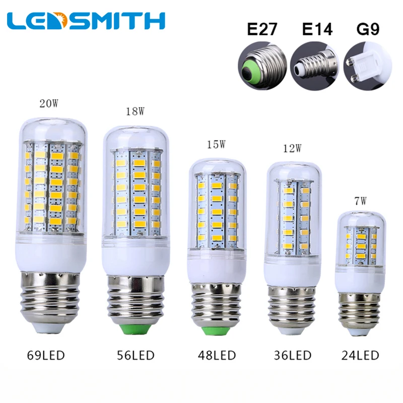 Ультра яркая SMD5730 E27 E14 G9 Светодиодная лампа 7 12 15 18 20 Вт 220 в 360 градусов кукурузная