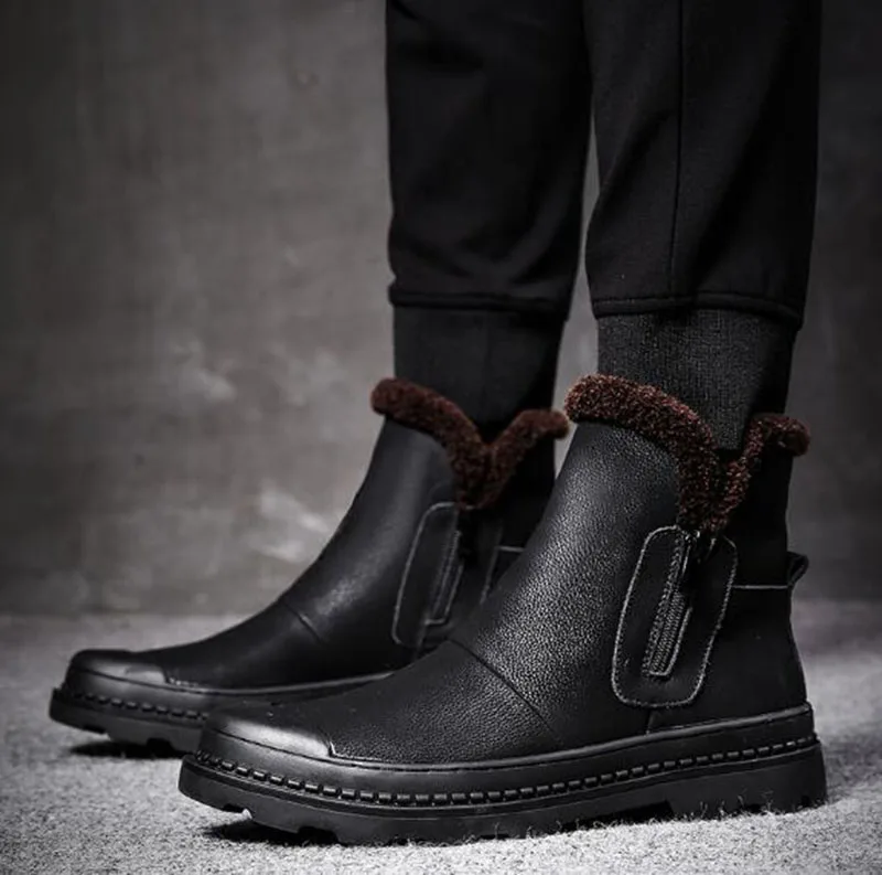Черные зимние мужские ботинки на меху; повседневные ботинки; зимние ботинки до щиколотки на высокой платформе с молнией; обувь с натуральным лицевым покрытием на толстой подошве