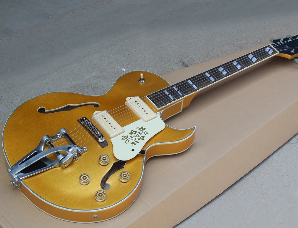 Factory custom golden semi hollow jazz electric guitar with p90 pickups