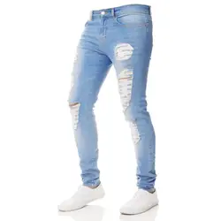 Повседневное для мужчин тонкий Байкер молния Midweight рваные джинсы узкие потертые брюки проблемных Rip мотобрюки Homme Vaqueros 5
