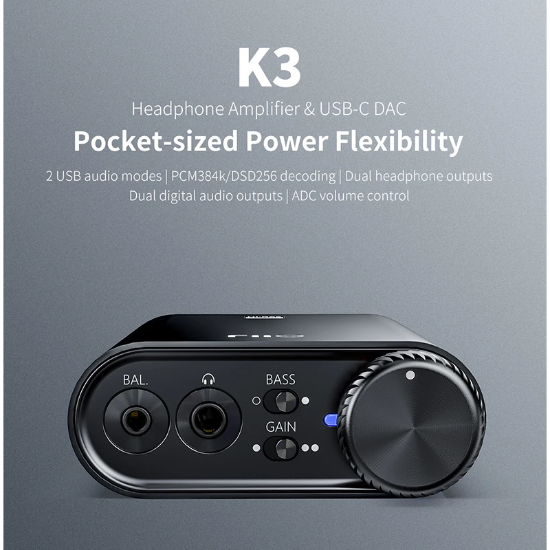 FiiO K3 Mini Portable Headphone Amplifier Desktop AMP USB C DAC AKM AK4452 Support Coaxial Optical Digital Outs PCM384k DSD256
