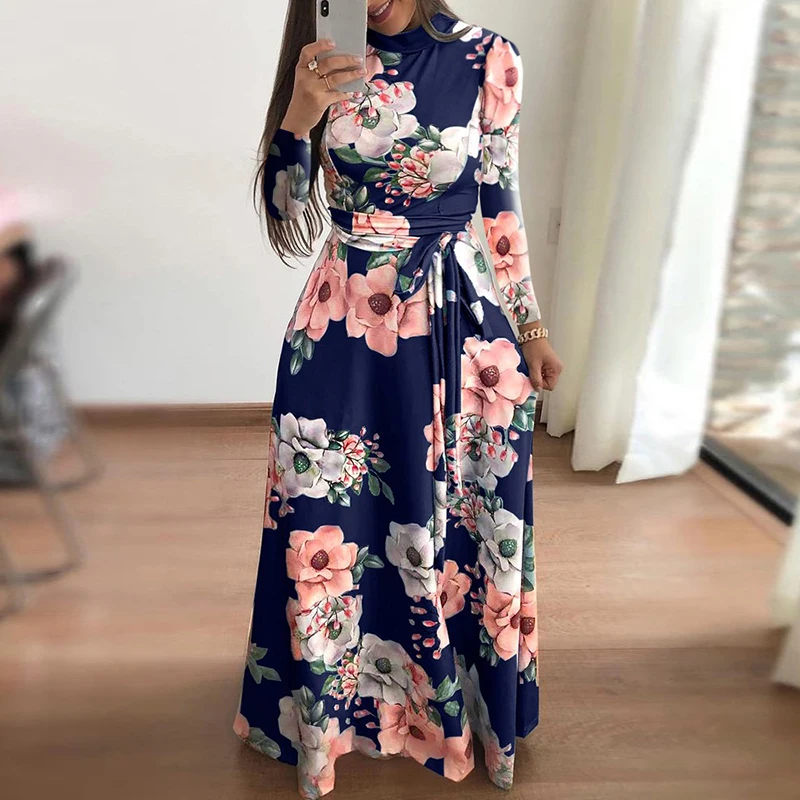 

2018 Autumn Dresses Floral Print Casual Loose Maxi Dress Elegant Women Long Sleeve O-Neck Tie Waist Long Robe Femme Vestidos