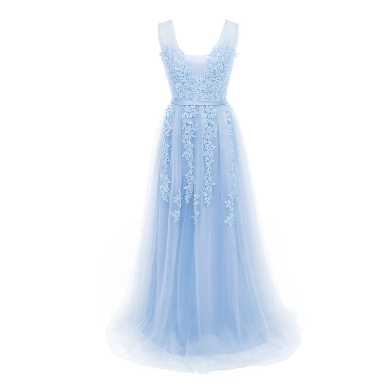 Элегантное Длинное платье из тюля для свадьбы, для женщин, подружки невесты, без рукавов, с вышивкой, на шнуровке, высокая талия, плиссированное платье для женщин, вечерние - Цвет: Light Blue