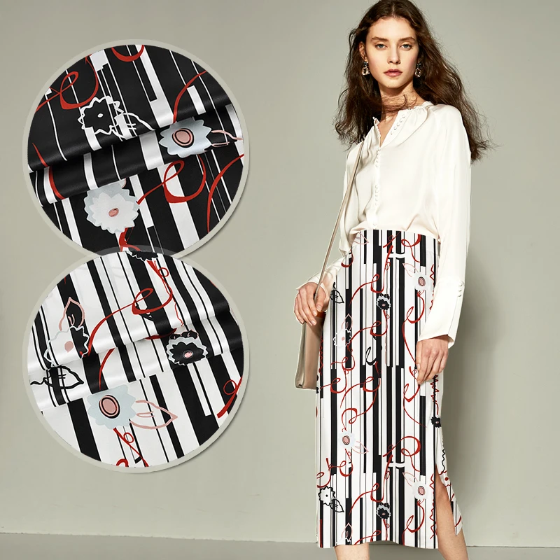135 CM Breed 19 MM Strepen Print Stretch Zwart Wit Zijde Satijn Stof Goed voor Zomer Jurk Rok Shirt Broek JH153 135 CM Breed 19 MM Strepen Print Stretch Zwart Wit Zijde Satijn Stof Goed voor Zomer Jurk Rok Shirt Broek JH153