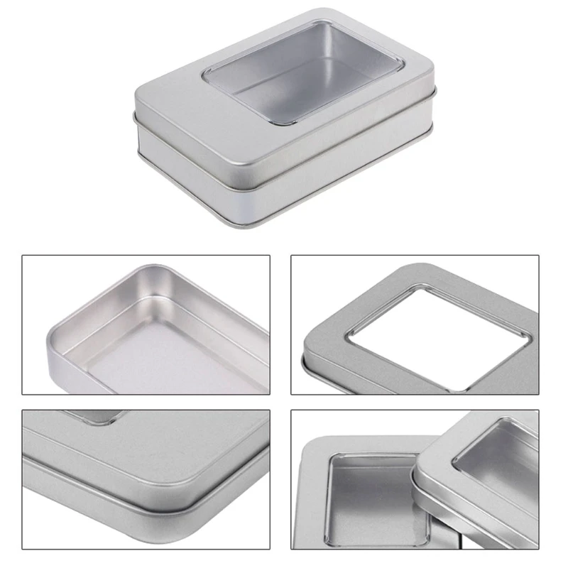 Rectangular Tin Silver Storage Box Case Organizer with Half Clear Window Lid