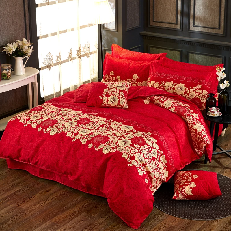 

Simple grinding four-piece set of red festive sheets set oversized skin soft comfortable warm bedroom down quilt bedding