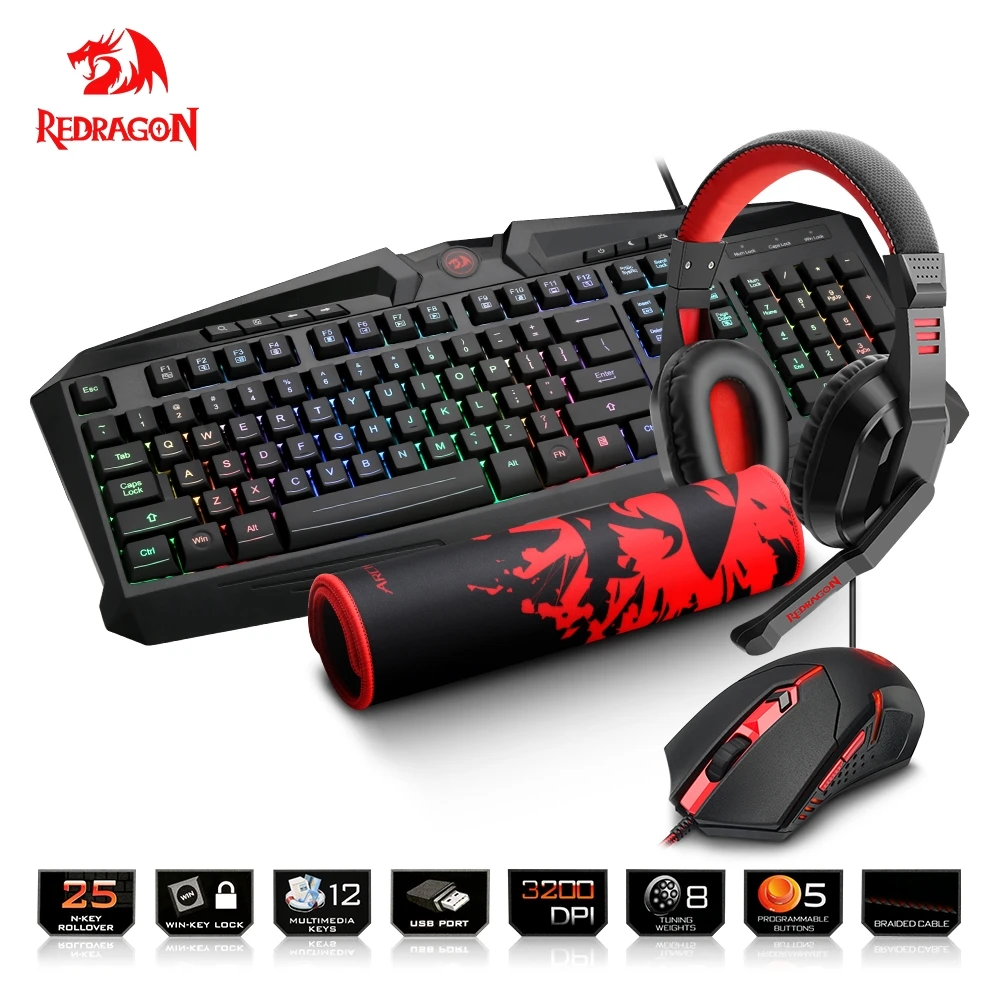 Redragon USB Gaming Membrane RGB Keyboard mouse pad earphone combos 104