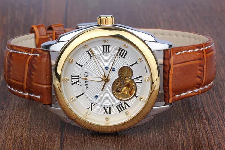 2016 brand BIAOKA men s watch rose gold Roman numerals Leather Casual sport Automatic Skeleton Mechanical