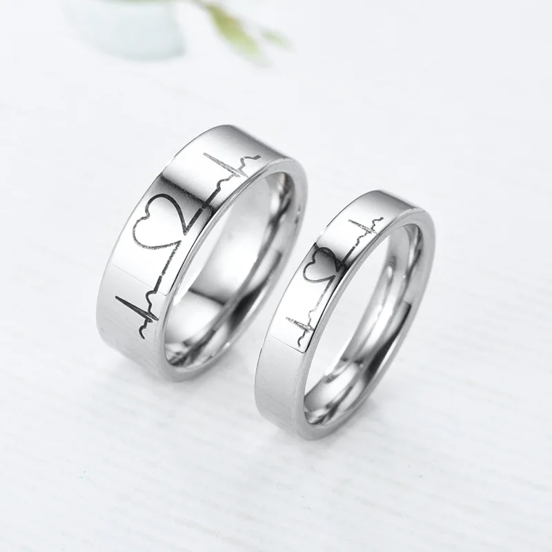 

Fashion cardiogram icon stainless steel couple ring