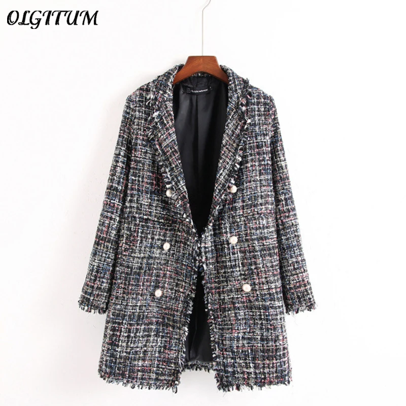 price cut  Fresh style Spring/Autumn female casual jacket coat hand-tassel loose coat checkered Tweed coat jac