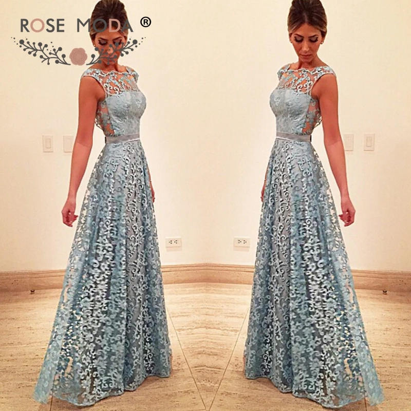 Rose Moda Sleeveless Blue Lace Prom Dress with Open Back Formal Party Dress for Weddings and Events