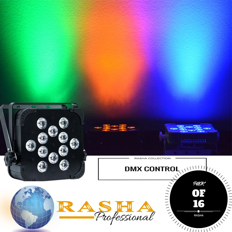

(Pack of 16) Rasha Quad V12 with 4in1 RGBW/RGBA color Led's And Wireless DMX LED Flat light,Master-Slave mode-Synchronize light