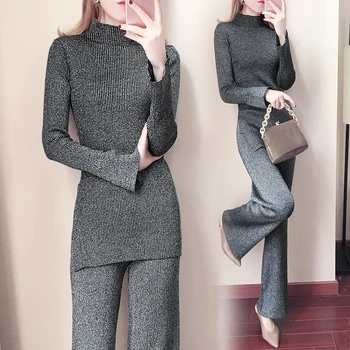 

Turtleneck Full Elastic Waist Leg Trousers Suit 2018 Spring New Dress European Temperament Style Backing Knitting Woman
