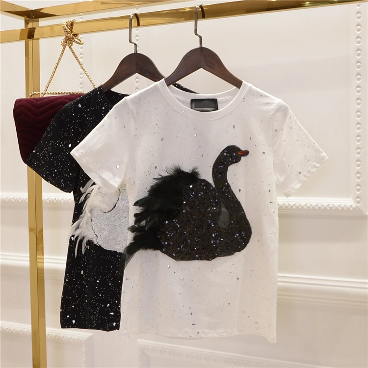 

2018 New Fashion Summer Student Girls Swan Feathers Sequins Cotton T-shirt Casual Short Sleeved Tees Women Tops