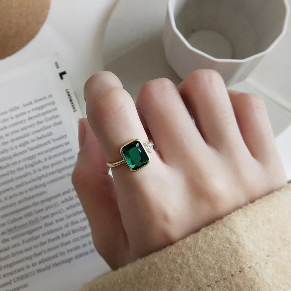 925 пробы Серебряное прямоугольное зеленое Изумрудное стекло, кристалл, камень, кольцо с маленьким прозрачным фианитом, женские открытые кольца