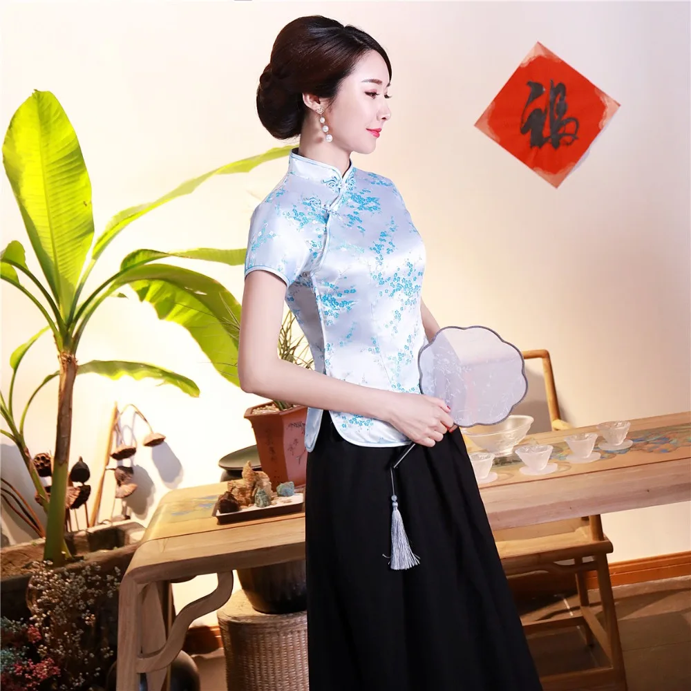 Шанхай история короткие Cheongsam Топ Традиционный китайский искусственный шелк/Атласный топ Дракон и Феникс Вышивка Блузка Топ Qipao рубашка