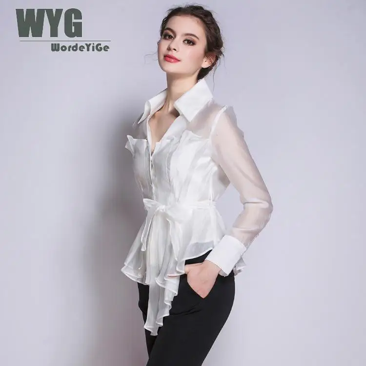 

England Fashion Womens Pleated White Blouses And Tops 2018 Autumn New WYG Hot Sale Elegant Irregular Solid Long Sleeve Shirts