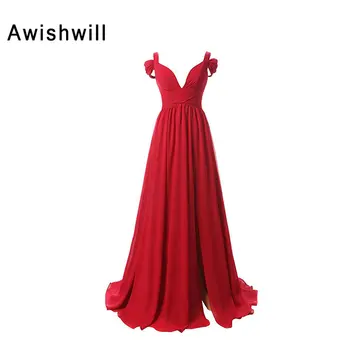 

Real Image Red Long Evening Gowns Spaghetti Strap Chiffon Floor Length Cheap Party Dress Made in China Vestidos Para Festa