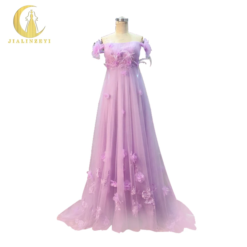 

JIALINZEYI Real Picture Sexy Purple hand Flowers with Feather pregnant A-line Party dresses prom dress Evening dresses