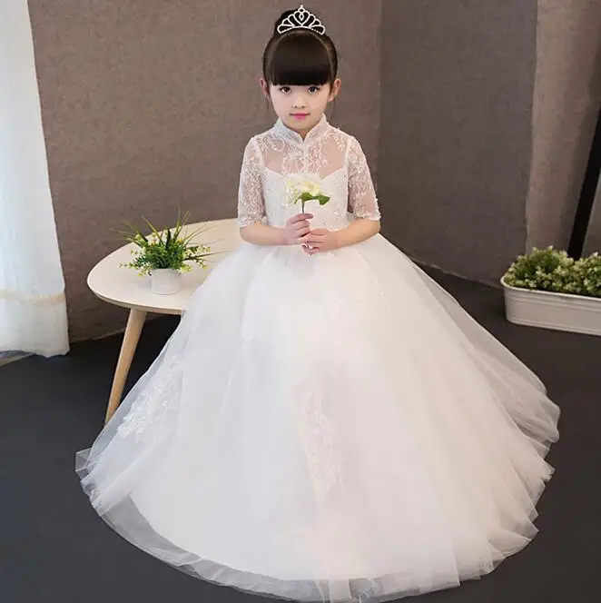 

2018 Princess White Lace Flower Girl Dress Vestidos Kids Evening Ball Gown Party Pageant Dresses Kids First Communion Gown