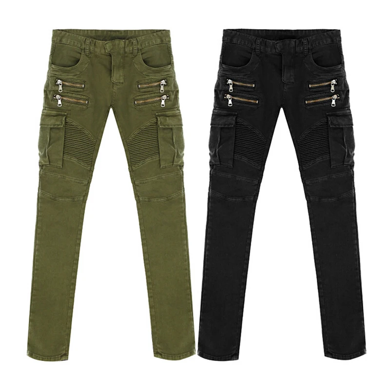 Green Black Denim Biker jeans Mens Skinny 2015 Runway Distressed slim elastic jeans hiphop Washed