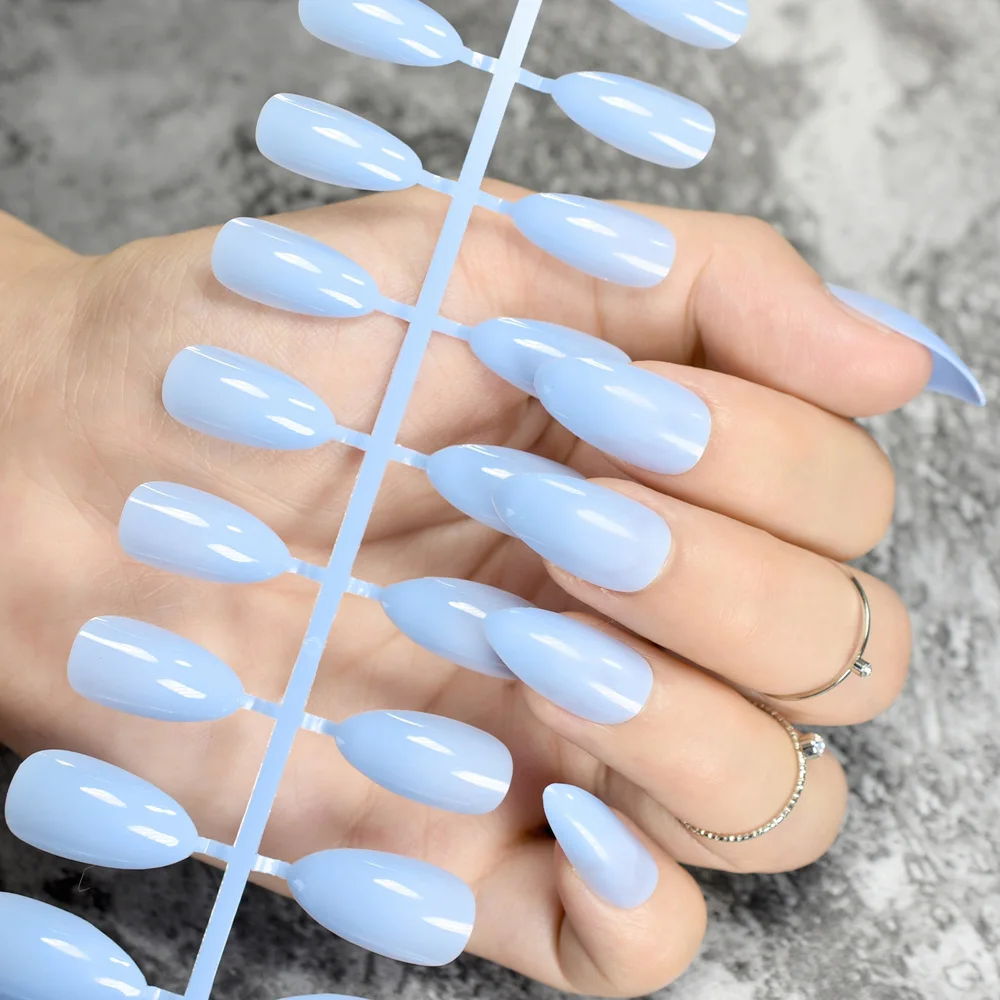 Baby Blue Stiletto False Nails Jelly Blue Oval Sharp end Fake Nails ...