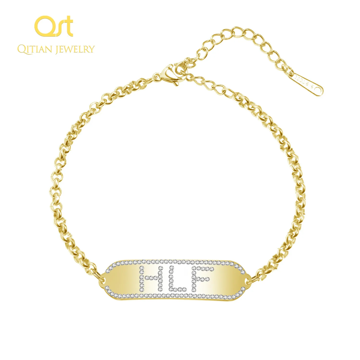 

QITIAN Hip Hop Men's Custom name Iced Out Bracelet Handmade Stainless Steel Adjusted Male Wristband Street Jewelry