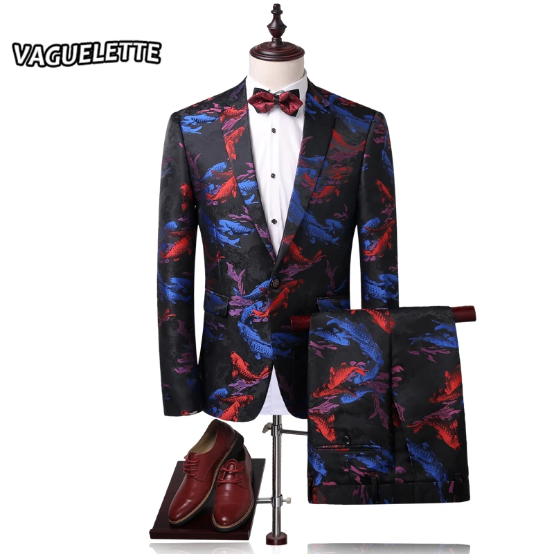 

Stylish Printed Men Suit Slim Fit Koi Fish Pattern Chinese Style Stage Wear Vintage Mens Suits With Pants M-4XL (Blazer+Pants)