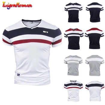 

Men Short Sleeve T Shirts 2019 New 100% Pure Cotton tshirt V neck Cotton tshirt Homme Vintage Patchwork Tees Plus Size M-4XL