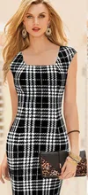 2015 New Sale Womens Summer Elegant Tartan Square Neck Tunic Wear To Work Business Casual Party